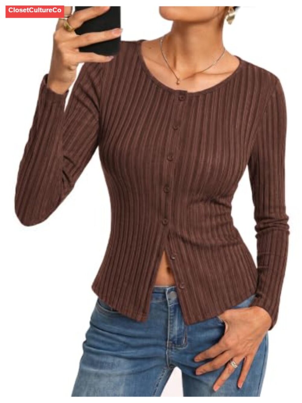 Women Long Sleeve Waffle Knit Button Up Slim Fit Shirt